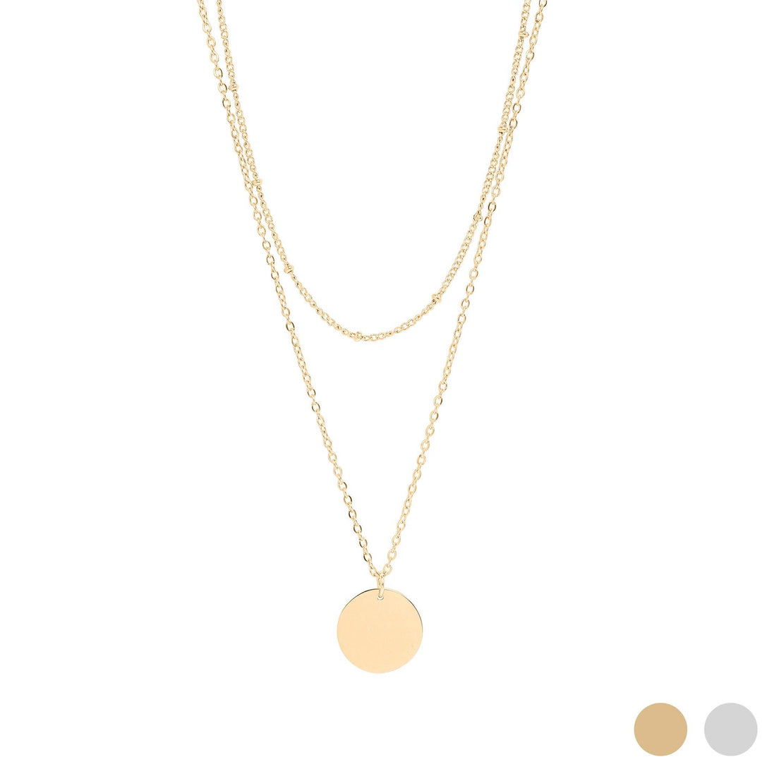 18K Gold PVD Stainless Steel Loop and Satellite Chain Blank Disk Layered Necklace: Gold