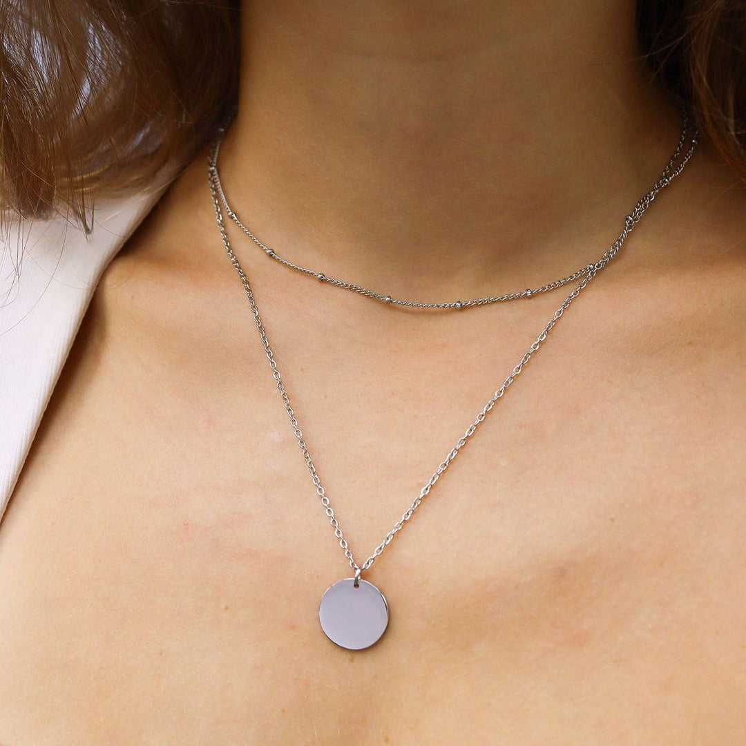 18K Gold PVD Stainless Steel Loop and Satellite Chain Blank Disk Layered Necklace: Gold